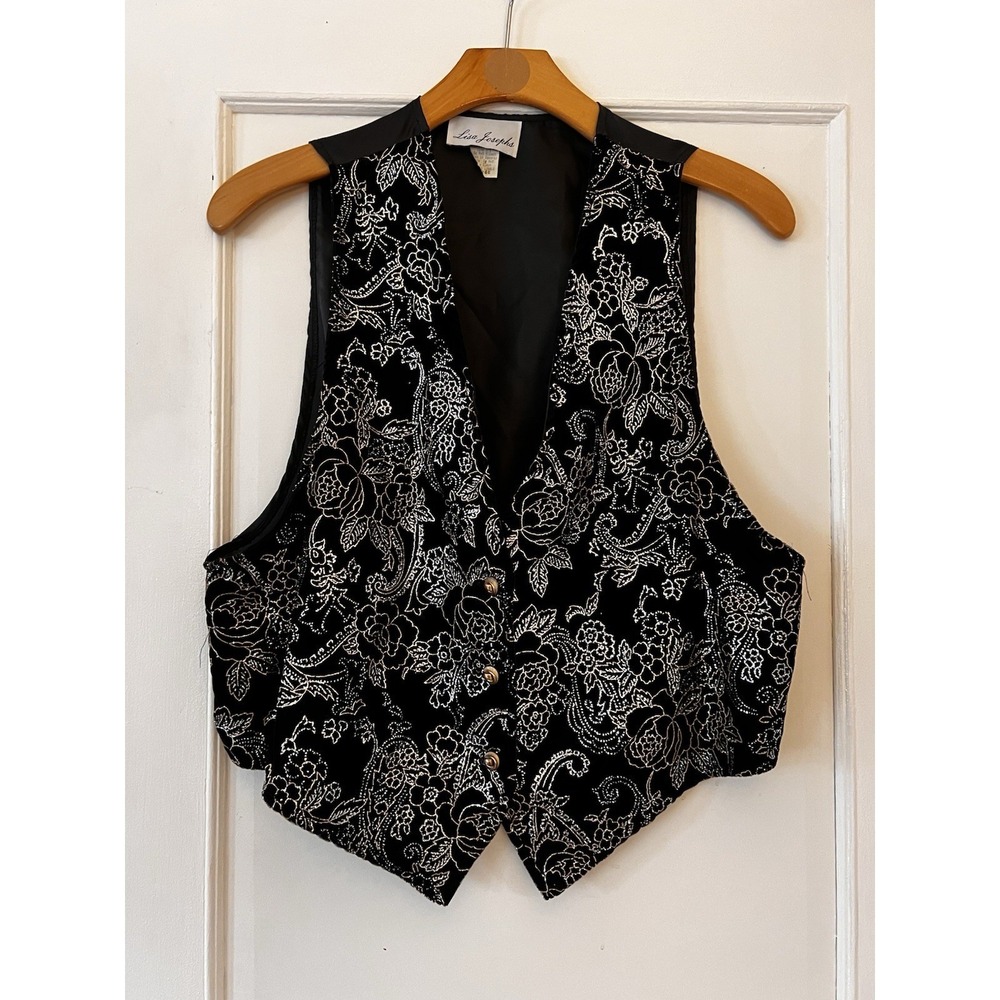LISA JOSEPHS Womens Size Large L Vest Vintage Embroidered Glitter Black Metallic